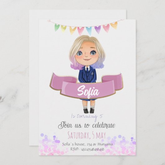 Petite fille en robe bleue invitation (Devant / Derrière)
