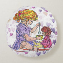 Petite fille et poupée Coussin ronde