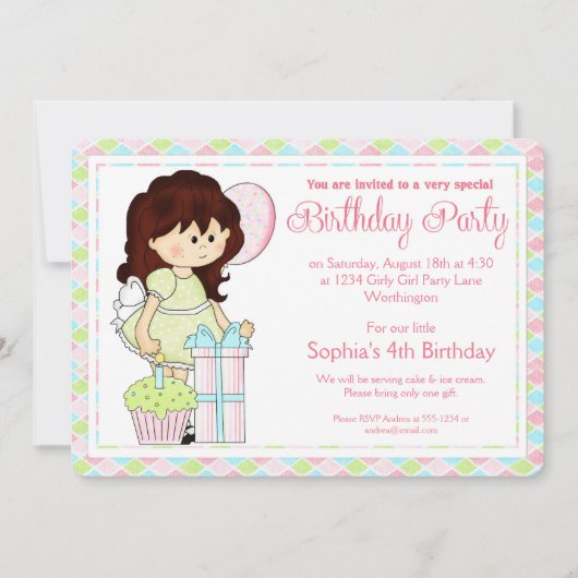 Petite fille Invitation de fête d'anniversaire fil (Devant)