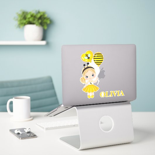 Petite fille mignonne avec Ballons d'air Sticker e (Ordinateur portable sur le bureau)