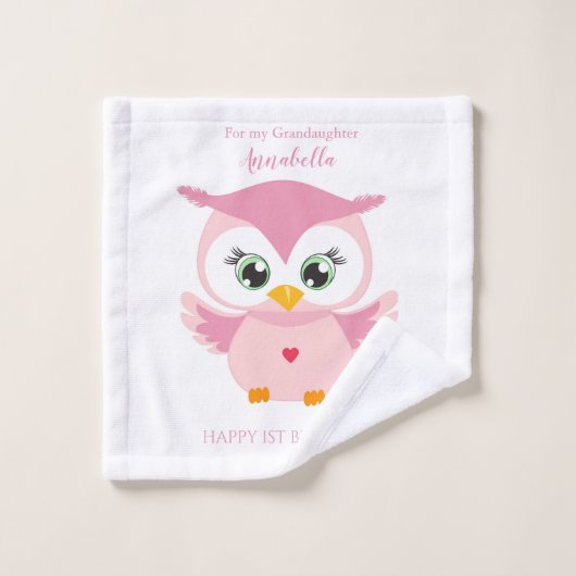 Petite fille Premier anniversaire Cute Pink Owl (Gant de toilette)