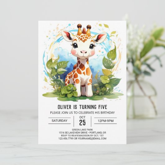 Petite Giraffe Personnalisée Invitation d'annivers (Debout devant)