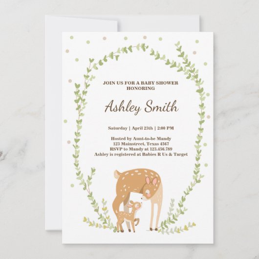 Petite invitation au baby shower de cerfs Forêt de (Devant)