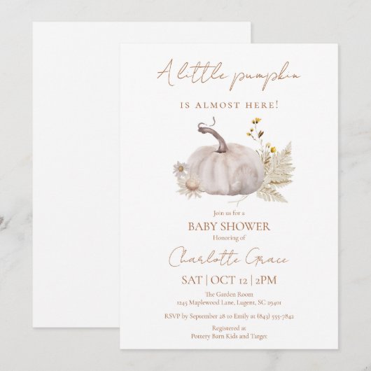 Petite invitation Baby shower Citrouille (Devant / Derrière)