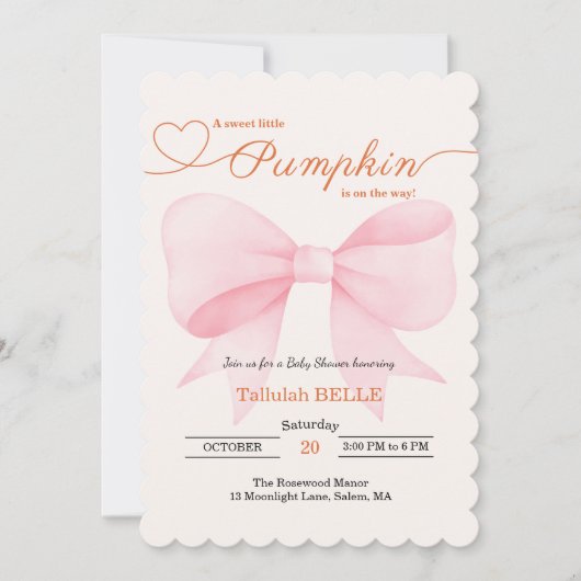 Petite invitation Baby shower Citrouille - Bow ros (Devant)