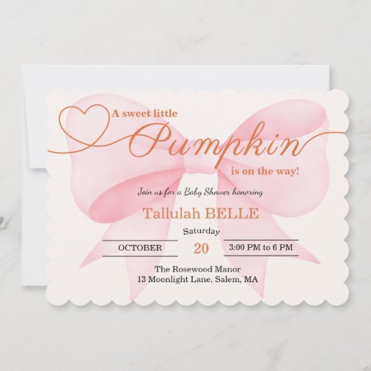 Petite invitation Baby shower Citrouille - Bow ros (Devant)