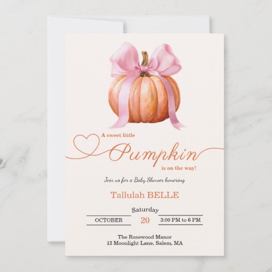 Petite invitation Baby shower Citrouille - Bow ros (Devant)