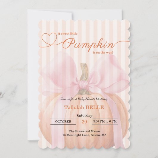 Petite invitation Baby shower Citrouille - Bow ros (Devant)
