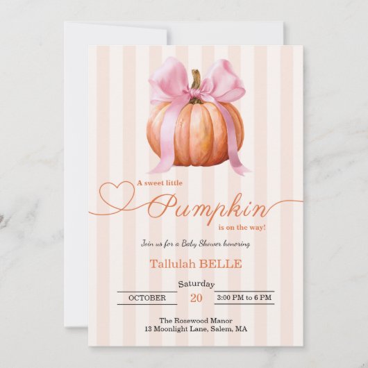 Petite invitation Baby shower Citrouille - Bow ros (Devant)