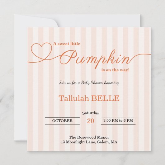 Petite invitation Baby shower Citrouille - Bow ros (Devant)
