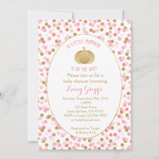 Petite Invitation Baby shower Citrouille - Or rose (Devant)