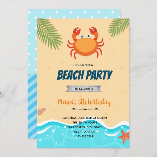 Petite invitation d'anniversaire de crabe (Devant / Derrière)