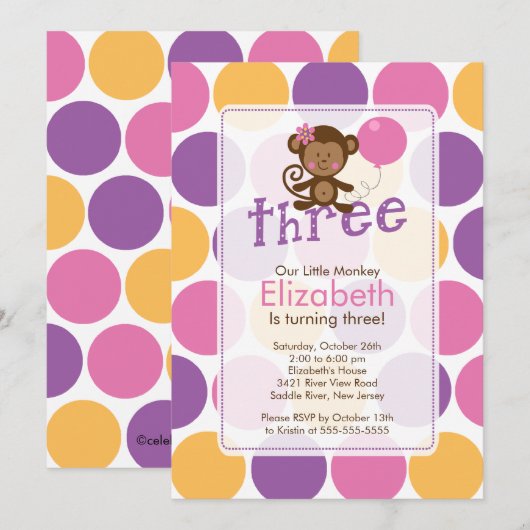 Petite invitation d'anniversaire de singe de (Devant / Derrière)