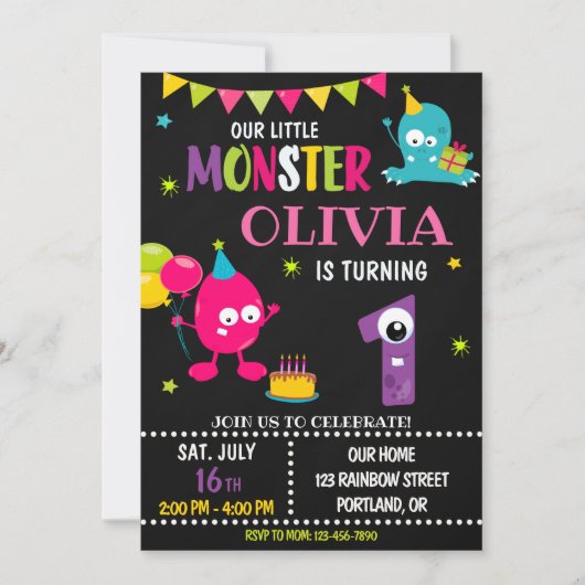 Petite invitation d'anniversaire monstre fille (Devant)