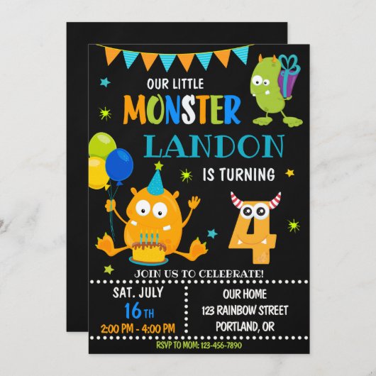 Petite invitation d'anniversaire monstre garçon (Devant / Derrière)