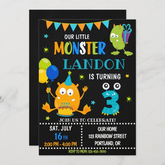 Petite invitation d'anniversaire monstre garçon (Devant / Derrière)