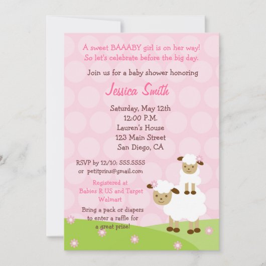 Petite invitation de baby shower d'agneau (Devant)