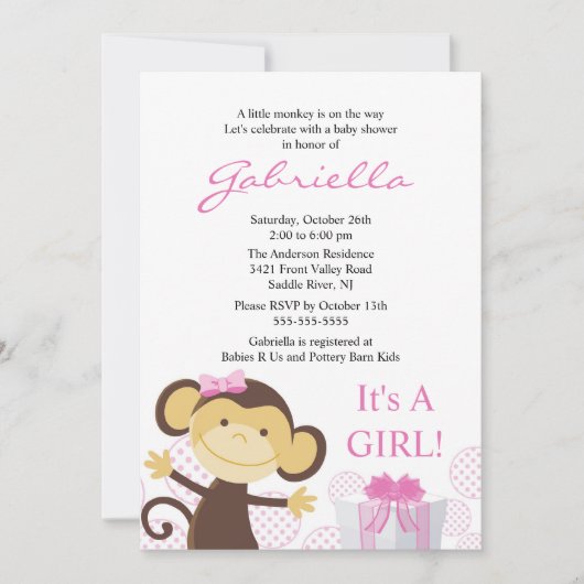 Petite invitation de baby shower de fille de singe (Devant)