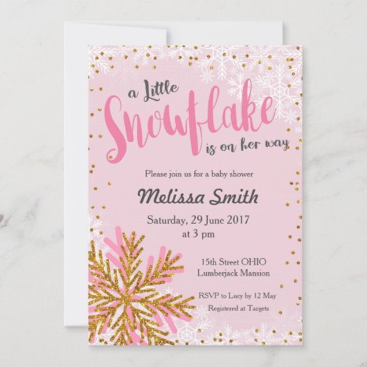 Petite invitation de baby shower de flocon rose or (Devant)