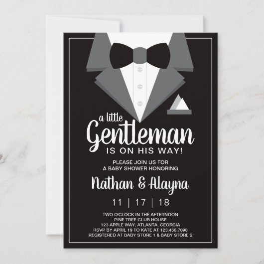 Petite invitation de Baby shower Gentleman, Tuxedo (Devant)