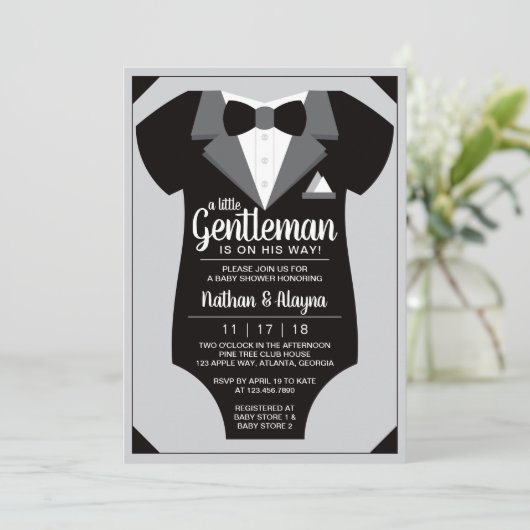 Petite invitation de Baby shower Gentleman, Tuxedo (Debout devant)