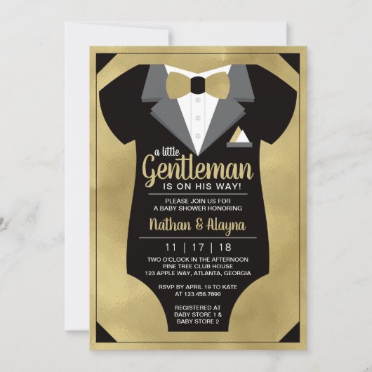 Petite invitation de Baby shower Gentleman, Tuxedo (Devant)