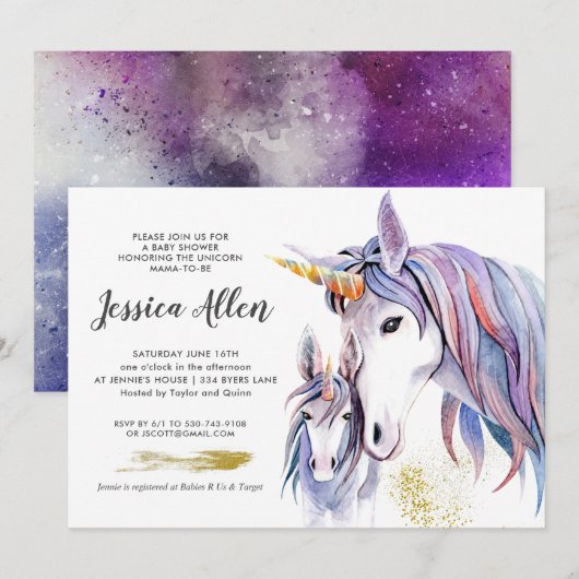 Petite Invitation de Baby shower Unicorn (Devant / Derrière)