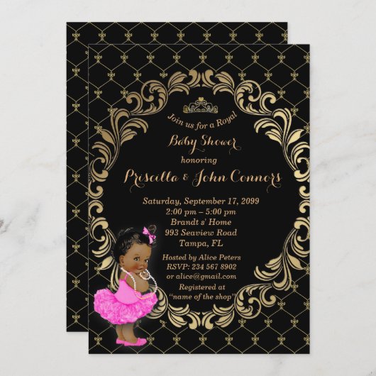 Petite invitation de princesse baby shower, noire (Devant / Derrière)