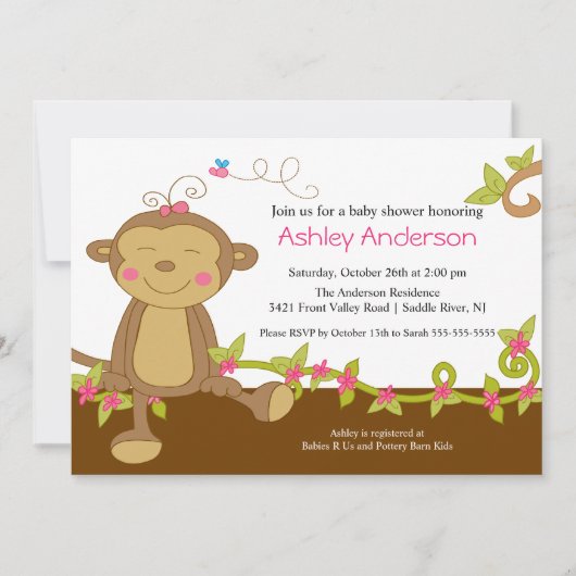 Petite invitation douce de baby shower de singe (Devant)