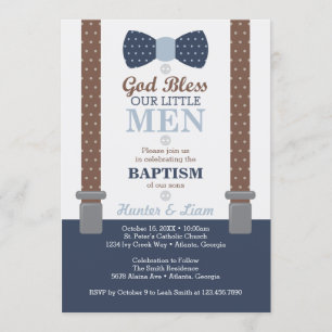 Petite invitation jumelle de baptême d'hommes,