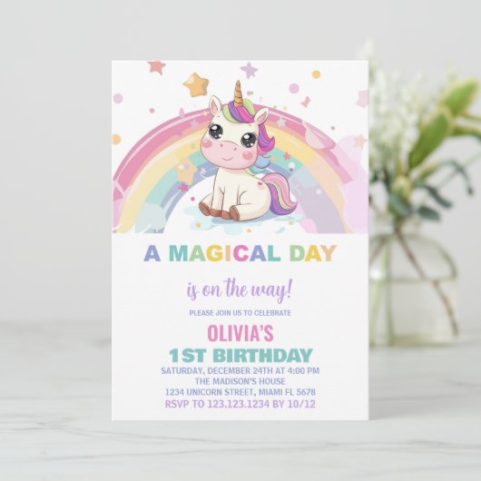 Petite licorne arc-en-ciel Invitations d'anniversa (Debout devant)