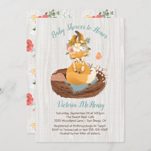 Petite mamma fox & bébé fox invitations à la douch (Devant / Derrière)