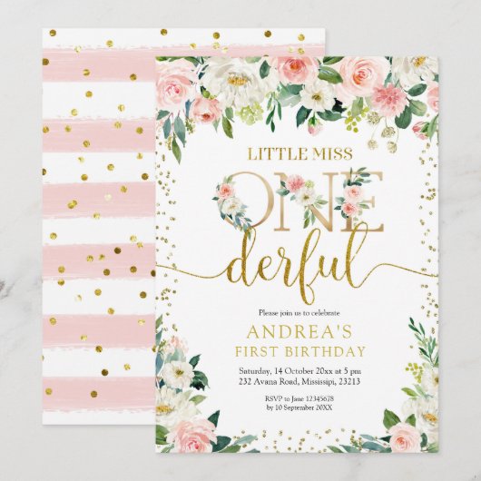 Petite Miss Onederful rose Floral Invitation (Devant / Derrière)