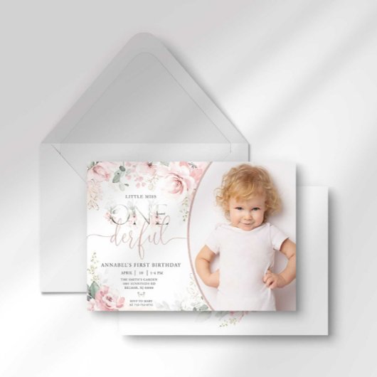 Petite Miss Onederful rose Floral Invitation