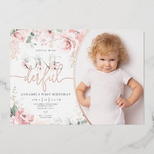 Petite Miss Onederful Rose Floral Invitation (Recto)