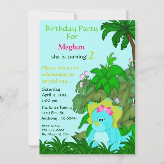 Petite Mlle Dino Birthday Invitation (Devant)