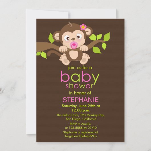 Petite petite fille singe Invitation Baby shower (Devant)