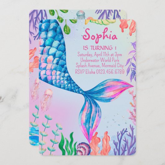 Petite Queue de sirène sous l'eau Invitation d'ann (Devant / Derrière)