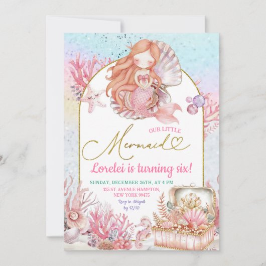 Petite sirène de mer rose Invitation d'anniversair (Devant)