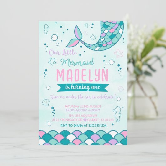 Petite Sirène Invitation Anniversaire (Debout devant)