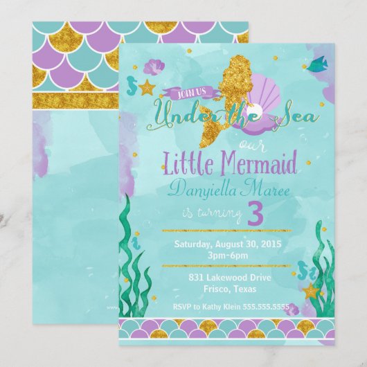 Petite Sirène sous la mer Invitation d'anniversair (Devant / Derrière)