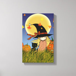 Petite Sorcière avec Chat Noir Impression sur Toil