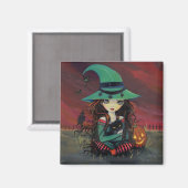 Petite Sorcière et Chat Noir Magnet de Halloween (Recto/Verso)