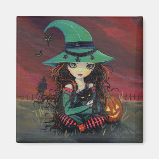 Petite Sorcière et Chat Noir Magnet de Halloween (Devant)