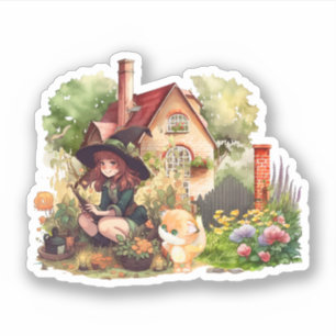 Petite Sorcière Et Renard Mignon   Autocollant