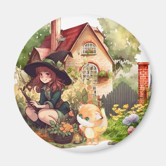 Petite Sorcière Et Renard Mignon Magnet (Devant)