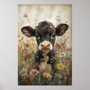 Petite Vache Dans Une Impression De Fleurs Sauvage