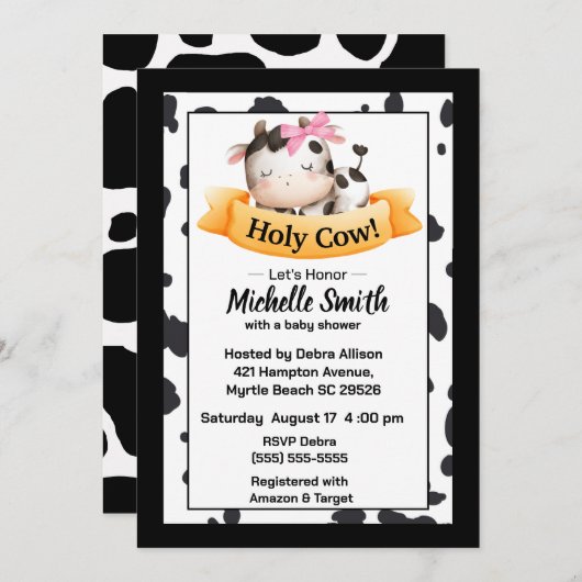 Petite vache fille bébé douche Invitations (Devant / Derrière)