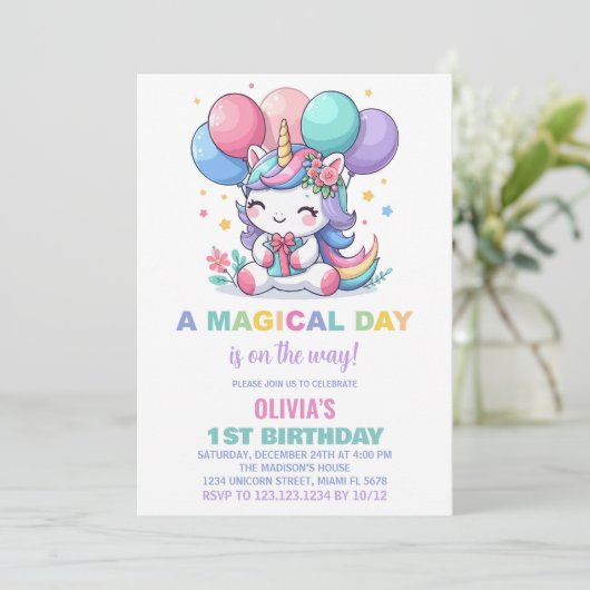 Petites Ballons Unicorn Invitations d'anniversaire (Debout devant)