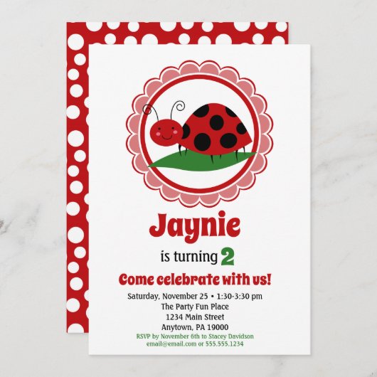 Petites filles Ladybug Invitation d'anniversaire (Devant / Derrière)